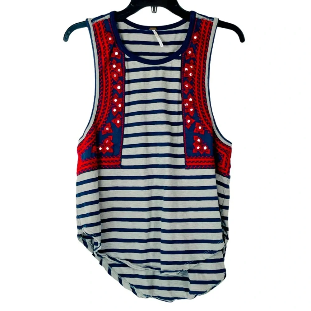 Free People tank top blue gray “wear your sparkle” embroidered striped boho - Picture 2 of 12